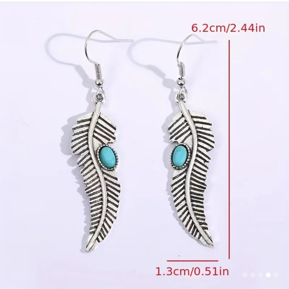 Turquoise Decor Feather Dangle Drop Earrings Vint… - image 4